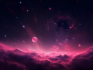 Illustration with pink space stars and planets background