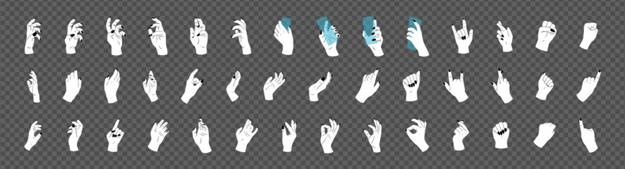 Large set of hands in different poses. Vector illustration of white hands on grey background. - obrazy, fototapety, plakaty