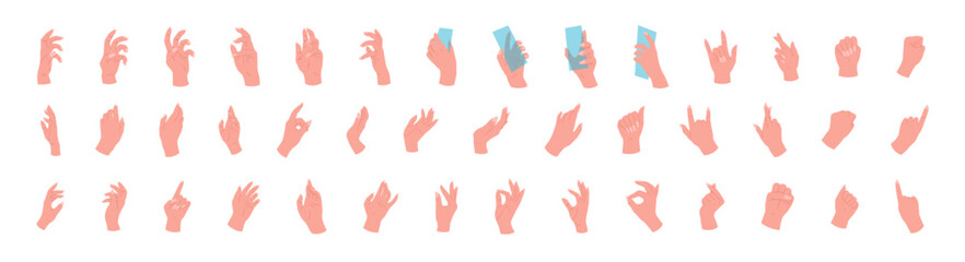 Large set of hands in different poses. Vector illustration of hands on white background.