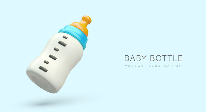 3d realistic newborn baby feeding bottle. Poster in blue and yellow colors with place for text for web store. Baby care and feeding concept. Vector illustration