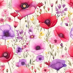 Watercolor Wildflowers Daisie Poppie Digital Paper Seamless Patterns Sublimation Background