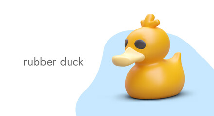 3d rubber duck advertising campaign for store selling toys. Placard with realistic yellow bird and place for text. Vector illustration in blue and yellow colors