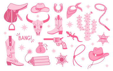Cowboy Pink core fashion elements collection. Cowgirl boots, hat, horseshoe, cactus and lettering. Cowboy western and wild west theme set. Hand drawn vector illustration. Doodle icons