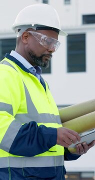 Architecture man, thinking and outdoor with tablet, blueprint design and city planning or building inspection. African construction worker with digital survey and engineering checklist or floor plan