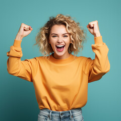 Girl shout loud yeah fist up raise win lottery isolated bright shine color background, ai technology - obrazy, fototapety, plakaty