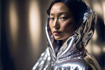 Model Wearing Glossy Silver Clothes. Generative AI, non-existent person.	