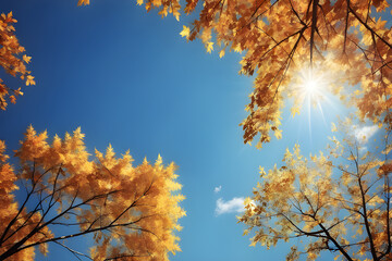 autumn leaves against blue sky Generative AI