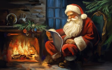 Santa Claus is sitting in an armchair and reading a letter by the fireplace, Christmas greeting card, art illustration painted