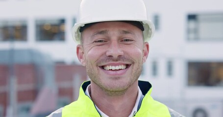 Construction, face and happy man at building in city for industrial maintenance, civil engineering and renovation. Portrait, contractor and architect smile for urban property development with helmet
