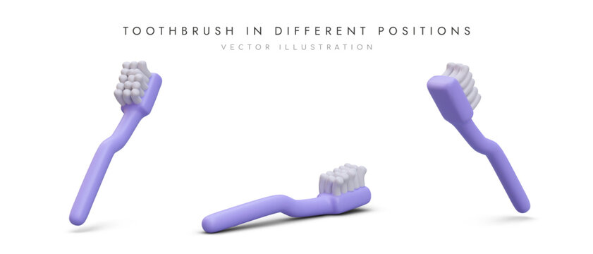 Toothbrush in different positions. 3d realistic poster for dental clinic or store with place for text. Vector illustration with gray background in purple colors