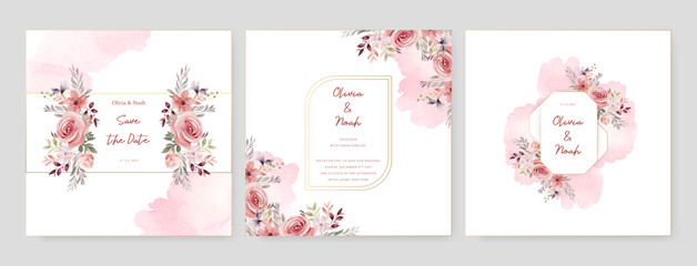 Pink rose artistic wedding invitation card template set with flower decorations