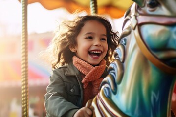 A happy young girl expressing excitement while on a colorful carousel, merry-go-round, having fun at an amusement park, happiness, bright childhood.