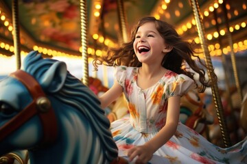 Fototapeta na wymiar A happy young girl expressing excitement while on a colorful carousel, merry-go-round, having fun at an amusement park, happiness, bright childhood.