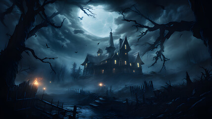 haunted house on a stormy night, with lightning illuminating its eerie architecture.