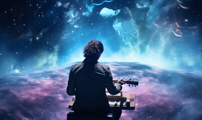a person who plays an instrument against the backdrop of space.