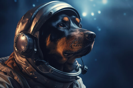 Space-themed pet adventure Cosmonaut dog in suit and helmet embarks on a dreamy journey. AI Generative wonder fuels this fantasy exploration.