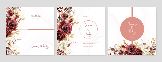 Red and beige rose and poppy vector elegant watercolor wedding invitation floral design