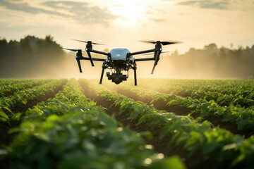 Innovative aerial capture Drone flying over meadow reveals stunning farm scenery. AI Generative magic enhances this technology-driven perspective. - obrazy, fototapety, plakaty