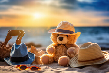 Teddy bear's beachwear fashion Cute plush toy enjoys a sunny day by the ocean. AI Generative style meets seaside fun!