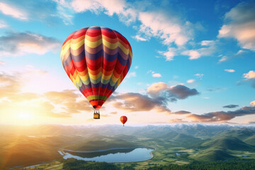 Hot air balloon soars over misty mountain peaks, capturing the serenity and breathtaking beauty of nature. AI Generative adventure awaits!