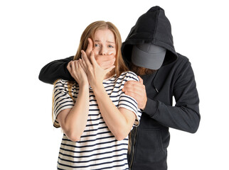 Bandit attacking scared young woman on white background