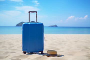 Paradise found A sandy beach, a blue suitcase, and a classic straw hat beckon you to embrace the coastal serenity is AI Generative.