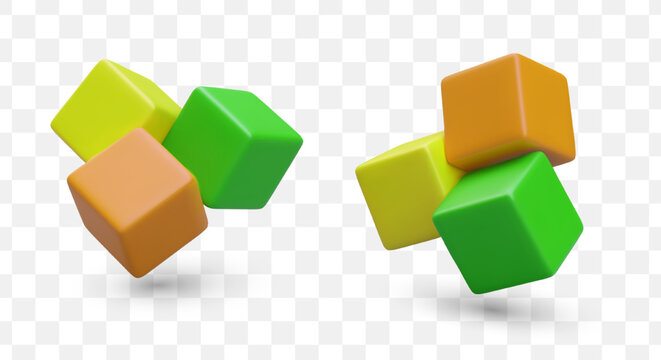 Set of colorful cubes in different positions. Different models of toys for children. 3d realistic toys concept. Vector illustration in green and yellow colors