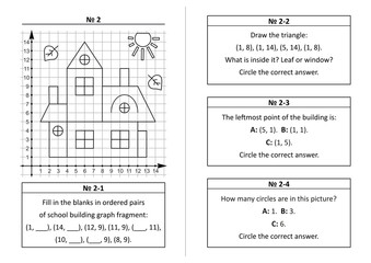 Coordinate plane learning quiz questions set 2. Two-page activity set. Educational math puzzles. No-prep, fun, engaging. Black and white, printable and photocopiable.
