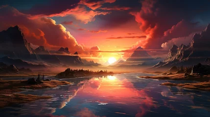 Foto op Canvas chromatic sunset mirage, digital art illustration, Generative AI © Artcuboy