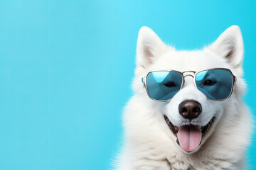 A purebred dog with a sense of humor, wearing unique eyewear against a colorful light blue background. Fun and trendy pet fashion is AI Generative.