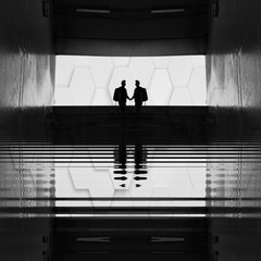 grunge style inner city design with silhouetted couple reflected and water ripples on shades of grey textured background