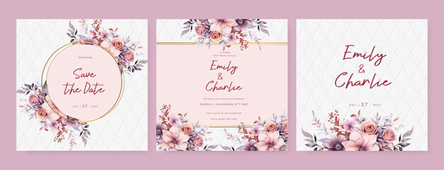 Pink poppy set of wedding invitation template with shapes and flower floral border