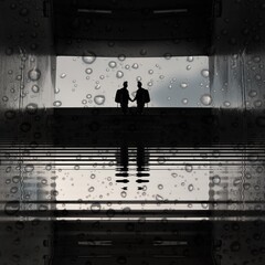 grunge style inner city design with silhouetted couple reflected and water ripples on shades of grey textured background on a rainy day