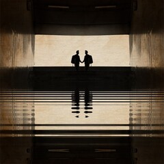 grunge style inner city design with silhouetted couple reflected and water ripples on shades of light brown textured background
