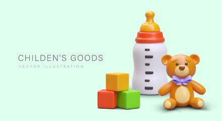 Children goods. Food and toys. 3D bottle with nipple, teddy bear, cubes. Large assortment. Positive advertising in cartoon style. Blank part for offer, promo