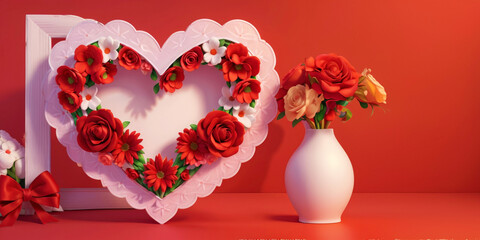 White heart shaped frame decorated with red flowers on red background. 