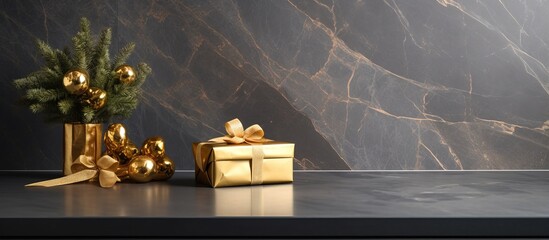 Gray ceramic backsplash compliments modern granite countertop with golden gift box - obrazy, fototapety, plakaty