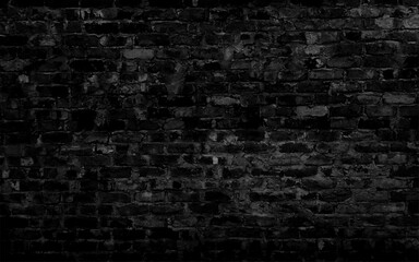 Abstract Black brick wall texture for pattern background. wide panorama picture. Dark black brick walls, brick room, interior texture, wall background.