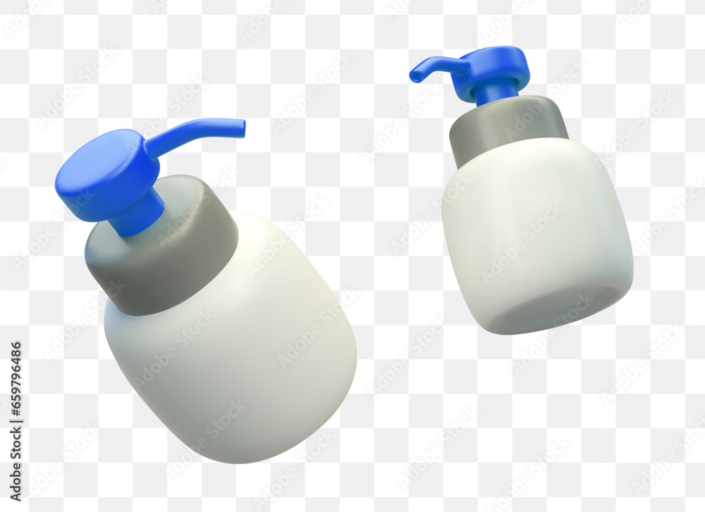 Poster set of bottles with dispenser in different positions. liquid soap, sanitizer. mockup. vector icons. 