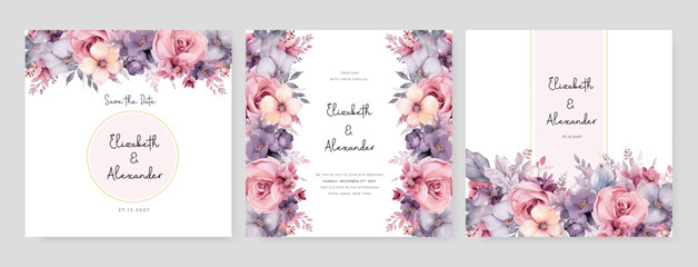 Obraz premium Purple violet and pink rose and peony elegant wedding invitation card template with watercolor floral and leaves