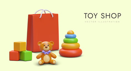 Collection with different toys in toy shop. Buying gifts for children in web store. 3d realistic shopping bag, educational toys and teddy bear. Vector illustration