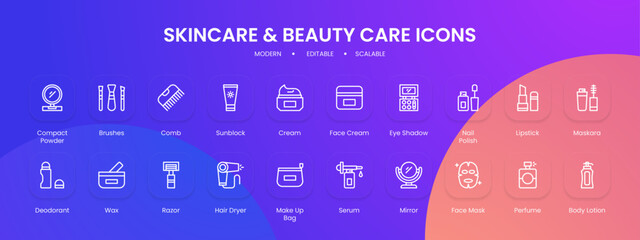 Skincare and beauty care icon collection with black outline style. beauty, cream, care, collection, skin, cosmetic, set. Vector Illustration