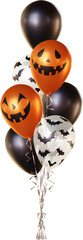 Balloon bouquet in black color, transparent with bat patterns and orange with pumpkin face patterns. Bunch of realistic balloons for Halloween (31 October).