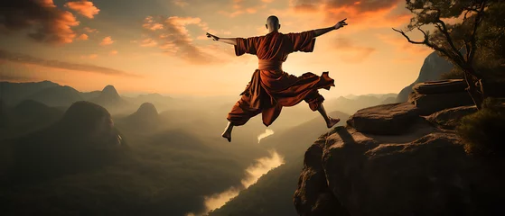 Foto op Plexiglas Shaolin Warrior Monk Practicing Extreme Kung Fu Jumping © The