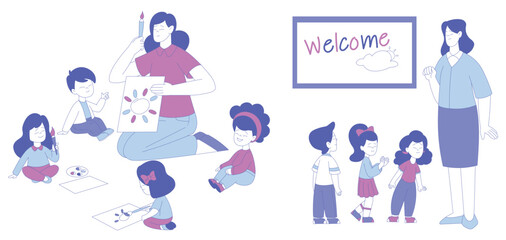 Woman Teacher and Children Having Lesson Painting and Walking Together Vector Set