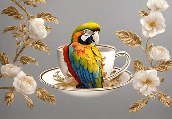 blue and yellow macaw on the cup of coffee,
Parrot Perched on Coffee Cup,
Macaw Enjoying Coffee Moment,
Colorful Macaw Bird on Coffee Cup
