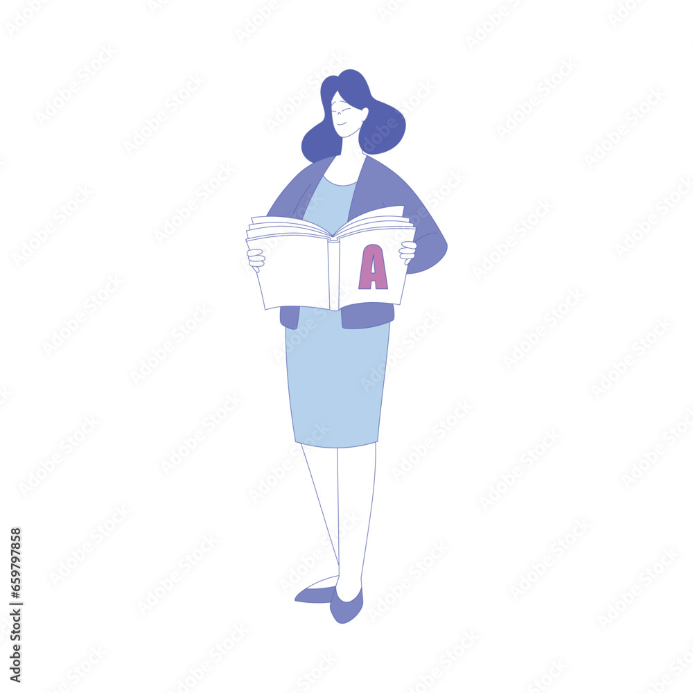 Wall mural woman school teacher or educator standing with open book vector illustration