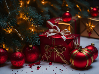 Merry Christmas ornaments, Christmas balls and lights Christmas tree, Christmas gift boxes on the floor in the room, festive winter season background