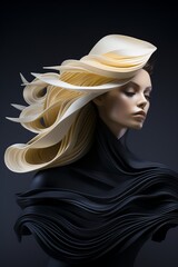 3D image Ethereal woman with sculptural golden hair and flowing black attire