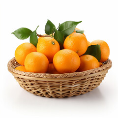 Small tangerines in wicker basket, isolated on white, ai technology